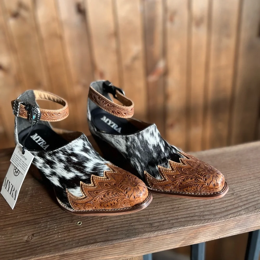 New Hand-Tooled Leather  strap Genuine Hide-On Women Bootie Boot Boho Western - Picture 8 of 11